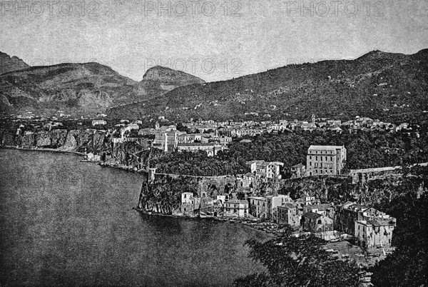 Steep coast of Sorrento, city view, rocky coast, mountain landscape, Gulf of Naples, Mediterranean Sea, Campania, Italy, historical illustration 1896