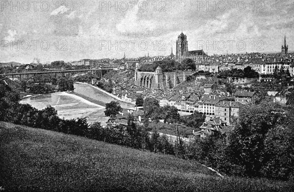 City view of Bern on the Aare, Old Town, UNESCO World Heritage Site, bridge, churches, fortress, park, slope, Switzerland, historical illustration 1896