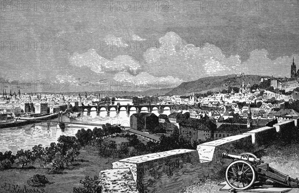 City view of Prague on the Vltava, Prague Castle with cannon, numerous towers, churches, Vltava bridges, park, mountains, Bohemia, Czech Republic, historical illustration 1896