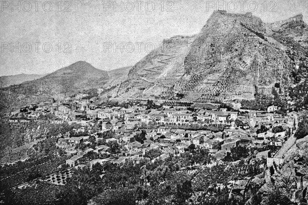 View of the ancient city of Taormina with the surrounding mountains, gardens, Sicily, Italy, historical illustration 1896