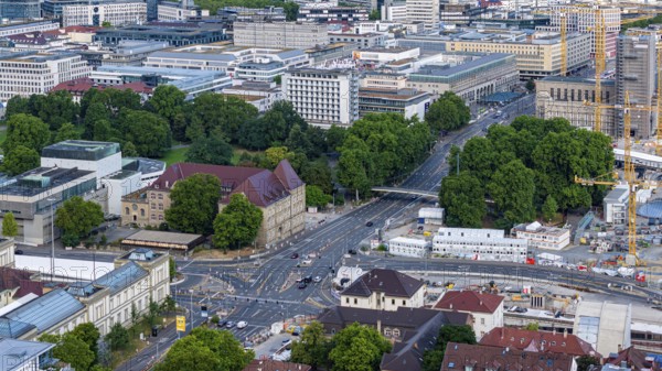 View of Stuttgart city centre. Crossroads at Gebhard-Müller-Platz. Top right the main railway station. In the centre of the picture is the Hotel am Schlossgarten. The luxury hotel is currently being renovated and is to become part of the new Schlossgarten neighbourhood. Stuttgart, Baden-Württemberg, Germany