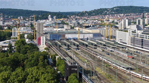 Track apron at the main station with ICE at the platform. In front the signal box, on the right LBBW office building. Stuttgart, Baden-Württemberg, Germany