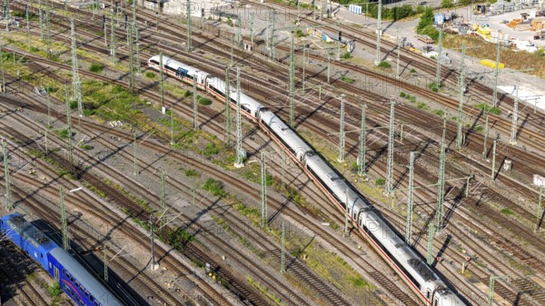 Track apron at the main station with platform and ICE at the entrance. Stuttgart, Baden-Württemberg, Germany