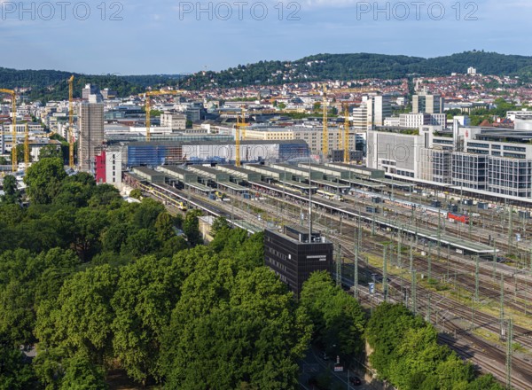 Track apron at the main station with InterCity at the platform. In front the signal box, on the right office building of LBBW. Stuttgart, Baden-Württemberg, Germany