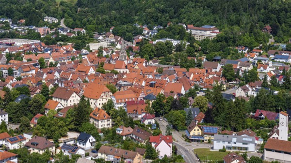 Town view of Münsingen on the Swabian Alb with town hall and church. Drone photo. Town centre of Münsingen, Baden-Württemberg, Germany