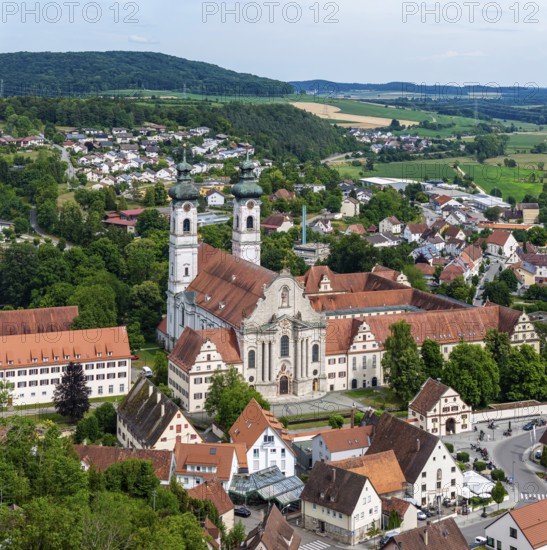 Zwiefalten Monastery, former Benedictine abbey. Tourist landmark on the southern foothills of the Swabian Alb in the district of Reutlingen. Drone photo. Zwiefalten, Baden-Württemberg, Germany