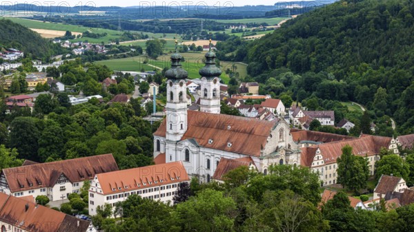Zwiefalten Monastery, former Benedictine abbey. Tourist landmark on the southern foothills of the Swabian Alb in the district of Reutlingen. Drone photo. Zwiefalten, Baden-Württemberg, Germany