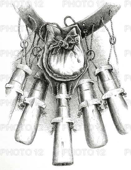 18th century weaponry, bandoleers showing the arrangement of the strings, rings, bullet pocket and primer, from the book The British Army, 1868, Historical, digitally restored reproduction from a 19th century original, Record date not stated