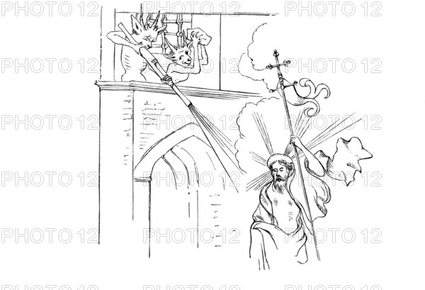 Earliest known drawing of a handgun. From an etching by Israel von Mechlin from around 1420, showing the devil shooting at Christ in a resurrection scene, from the book The British Army, 1868, Historical, digitally restored reproduction from a 19th century original, Record date not stated