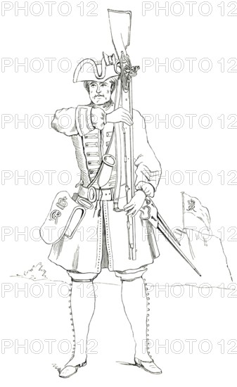 Foot soldier with armour, England, 1745, from the book The British Army, 1868, Historical, digitally restored reproduction from a 19th century model, Record date not stated