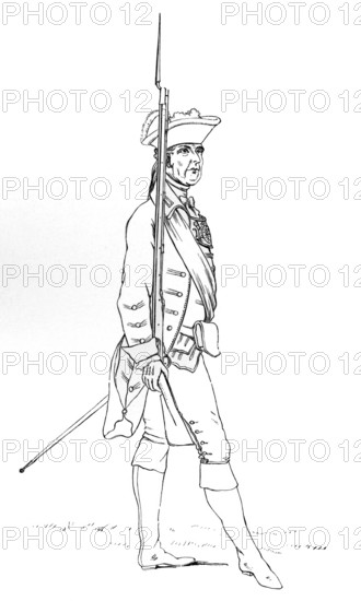 Officer of the Norfolk Militia with fusil, flintlock musket, and gorget, linen band, 1759 AD, from the book The British Army, 1868, Historical, digitally restored reproduction from a 19th century original, Record date not stated