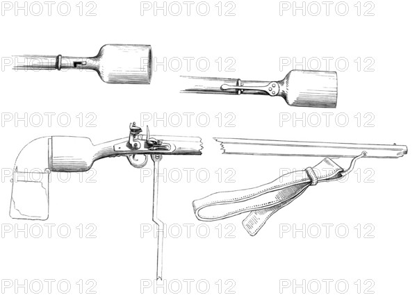 Fusiliers with locks for throwing grenades, flintlock rifle, firearms of the 17th - 19th century, from the book The British Army, 1868, Historical, digitally restored reproduction from a 19th century model, Record date not stated