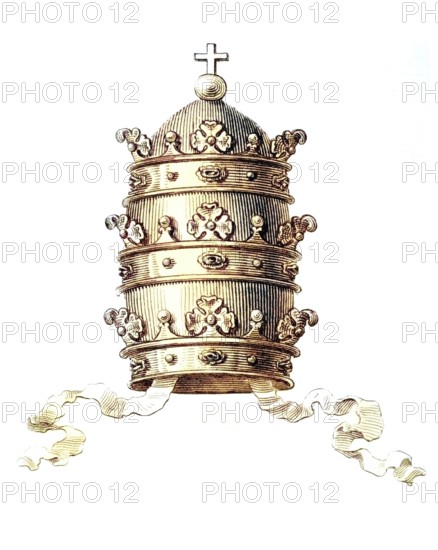 Tiara, triple crown, papal crown or also occasionally called Roman crown, is the crown worn by the Pope on ceremonial occasions, Historic, digitally restored reproduction from a 19th century model, Record date not stated
