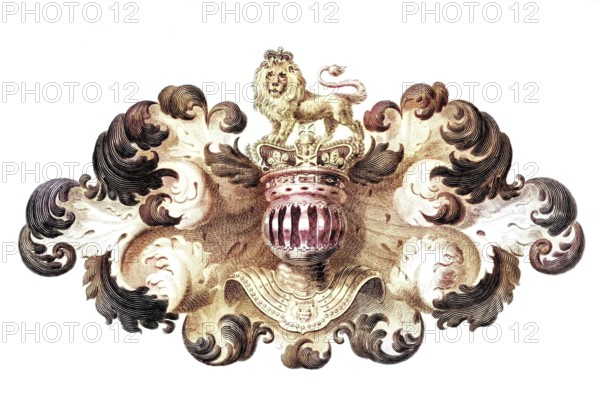 Helmet, coat of arms and cloak or lambrequin of the British sovereign, 1820, England, Historical, digitally restored reproduction from a 19th century model, Record date not stated