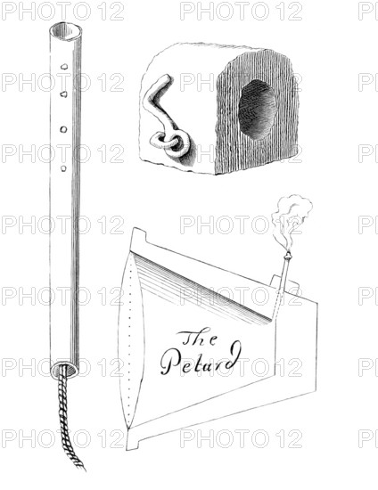 Petards or small bombs, usually conical or rectangular metal objects containing gunpowder and the tube in which the burning match is carried, from the book The British Army, 1868, Historical, digitally restored reproduction from a 19th century original, Record date not stated
