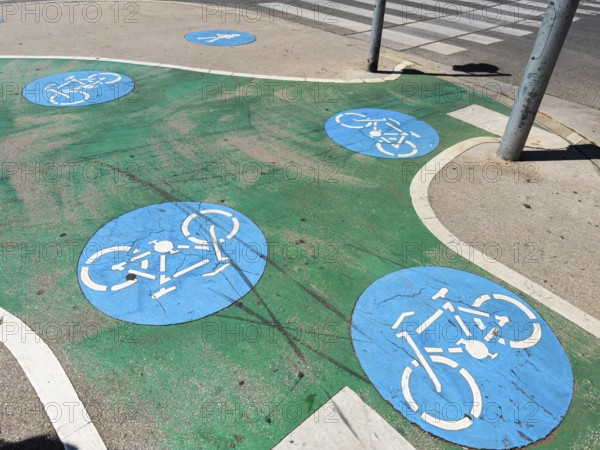 Many cycle path pictograms on a cycle path in Vienna, Austria
