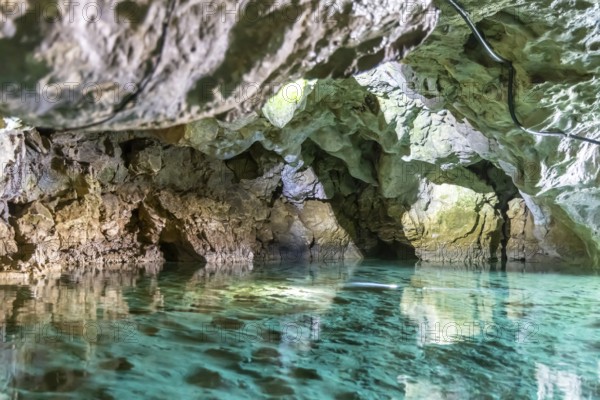 Excursion destination Wimsen Cave in the Swabian Alb. This tourist attraction is the only cave in Germany that can be accessed by boat. Origin of the Zwiefalter Ach. Hayingen, Baden-Württemberg, Germany