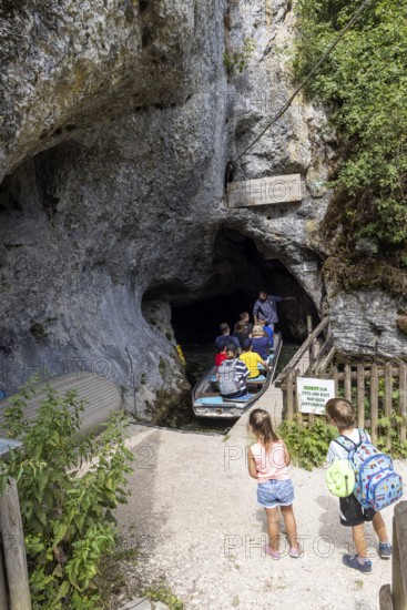 Excursion destination Wimsen Cave in the Swabian Alb. This tourist attraction is the only cave in Germany that can be accessed by boat. Origin of the Zwiefalter Ach. Hayingen, Baden-Württemberg, Germany