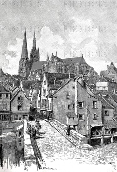 The Rue du Bourg in Chartres, Cathedral scaffolded in renovation, 1880, Old Town, France, Historical, Digitally restored reproduction from a 19th century original, Record date not stated
