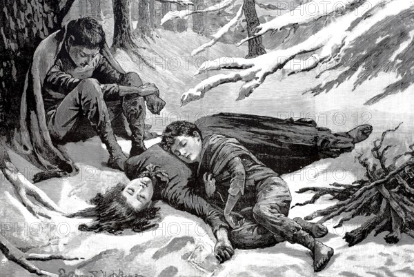 After a snowstorm in Dakotah, a child and a woman are frozen to death and lie in the snow, 1888, America, Historical, Digitally restored reproduction from a 19th century original, Record date not stated