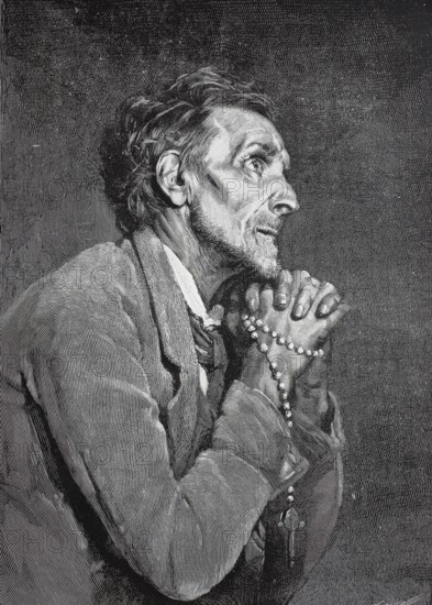 Prayer for the deceased, old man praying devoutly with a rosary, 1888, France, Historical, digitally restored reproduction from a 19th century original, Record date not stated