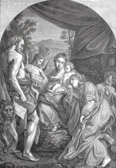 Madonna with Child and Saints Jerome and Mary Magdalene, woodcut after an oil painting by the Italian Renaissance artist Correggio from around 1528, Historic, digitally restored reproduction from a 19th century original, Record date not stated