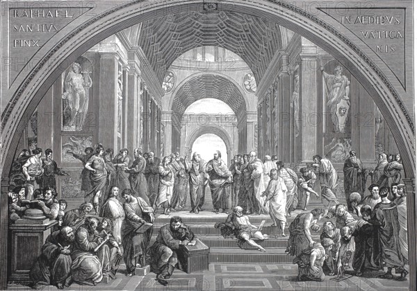 The School of Athens, woodcut after a fresco by the painter Raphael, which he produced from 1510 to 1511 in the Stanza della Segnatura of the Vatican for Pope Julius II, Historical, digitally restored reproduction from a 19th century original, Record date not stated