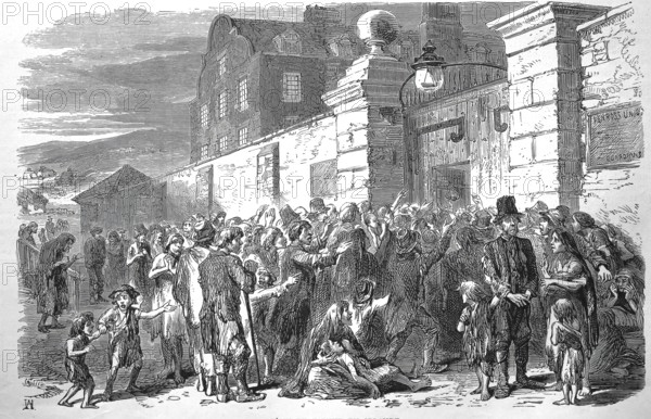 Scene of a famine in Ireland, people begging for food, around 1846, consequence of several crop failures caused by the potato blight, Historical, digitally restored reproduction from a 19th century original, Record date not stated
