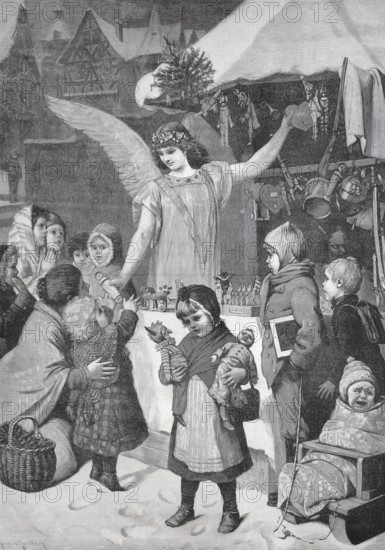Girl dressed as a Christmas angel selling dolls and figures at a market stall at the Christmas market, 1888, France, Historic, digitally restored reproduction from a 19th century original, Record date not stated