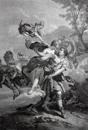 The abduction of Cephalus by Aurora is a well-known motif in art, based on Greek mythology. Aurora, the Roman goddess of dawn, abducts the mortal prince Cephalus because she has fallen in love with him, Historic, digitally restored reproduction from a 19th century original, Record date not stated