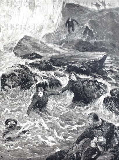 The Brave Rescue by Mrs Wright and Miss Jessie Ace from the Men of the Mumbles Lifeboat at Mumbles Head, near Swansea, 1880, Wales, Historical, Digitally restored reproduction from a 19th century original, Record date not stated