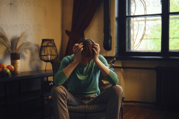 A man sits on a chair visibly overwhelmed and stressed. He put his head in his hands in frustration