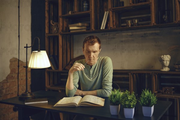 A man sits at a wooden desk in a warm, inviting study, deeply focused while reading a book. Shelves filled with books and decorative items surround him, complemented by green plants and a soft lamp