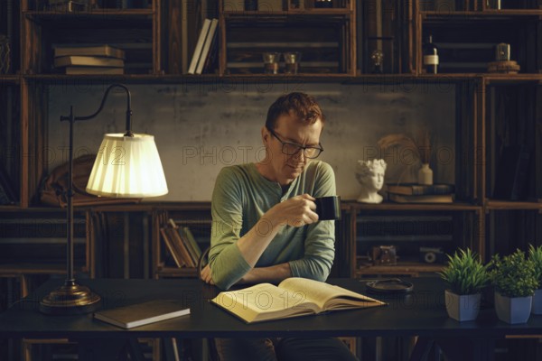 A middle-aged man sits in the dimly lit room in the evening and reads an exciting book. He drinks herbal tea. A warm lamp casts soft light, creating a peaceful atmosphere