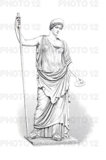 Juno, nicknamed Unxia, an ancient Italian Roman goddess who was equated with the Greek goddess Hera. Juno was regarded as the goddess of birth, marriage and care, Historical, digitally restored reproduction of a 19th century model