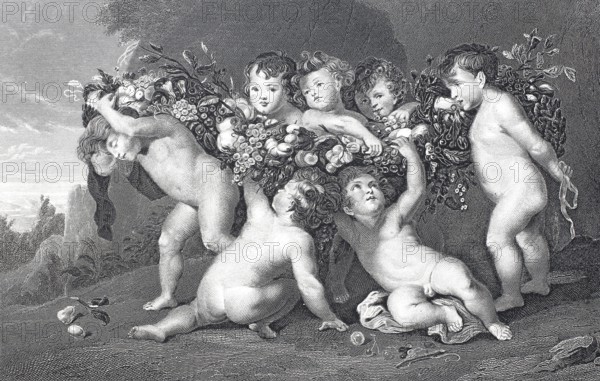 The fruit wreath, many children playing with fruit, steel engraving after a painting by Rubens, historical, digitally restored reproduction of a 19th century model, putti playfully playing with fruit in a baroque depiction of nature