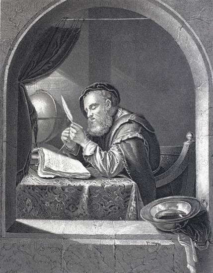 Scholar writing with a pen, Scientist, 1680, Historical, digitally restored reproduction of a 19th century original, A man writing in a book by candlelight, sitting at a window in a scholar's room