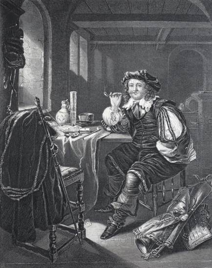 The trumpeter in the guardroom, tower guard, engraving after a painting by Van Mieris, around 1680, Historical, digitally restored reproduction of a 19th century model, man in baroque clothing sits relaxed with pipe at a table in a simple interior