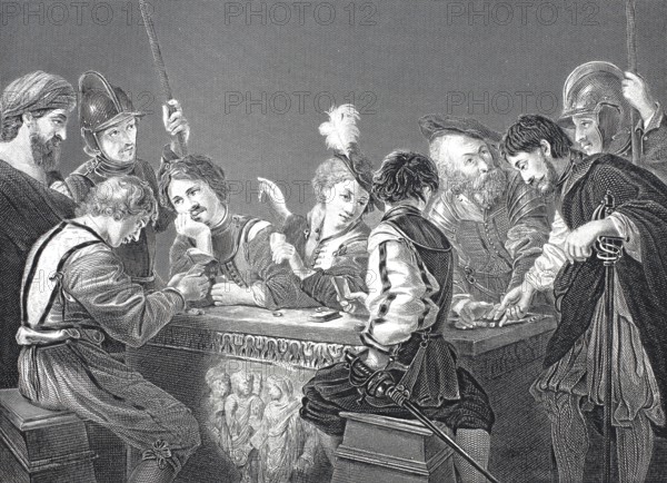 Roman soldiers in conversation, steel engraving after a painting by Caravaggio, historical, digitally restored reproduction of a 19th century original, group of people in Renaissance style gathered around a table, engrossed in a card game