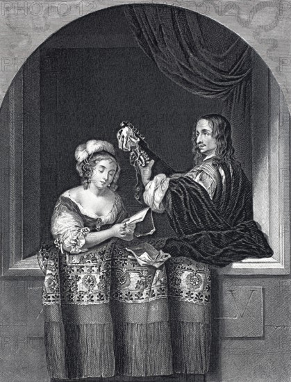The Singer and the Musician, steel engraving after a painting by Caspar Netscher, Historical, digitally restored reproduction of a 19th century original, A woman and a man in historical dress, she is reading a letter. The scene appears baroque and dignified