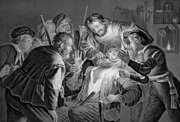 The Toothbreaker, Man at the dentist surrounded by several men, steel engraving after a painting by Gerrit van Honthorst, Historical, digitally restored reproduction of a 19th century original, Several people in historical dress pull a man's tooth by candlelight. The atmosphere is tense