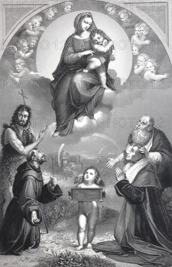 Madonna of Foligno, a depiction of the Virgin Mary, steel engraving after a painting by Raphael, historical, digitally restored reproduction of a 19th century original