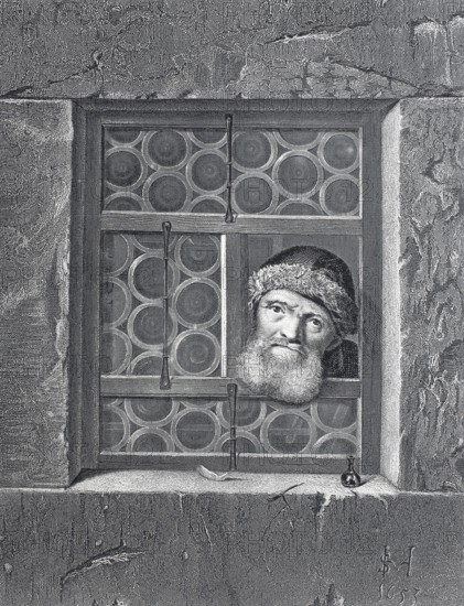 The curious, bearded man looks out of a hatch in a window, Steel engraving after a painting by Van Hoogstraten, Historical, digitally restored reproduction of a 19th century original, A man with historical clothing looks through a window in a stone wall