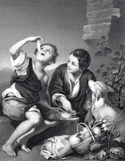 Eating boys, boys eating melon, fruit, steel engraving after a painting by Bartolome Esteban Murillo, Historical, digitally restored reproduction of a 19th century original, Two children in a rural scene, one boy is eating something, the other is watching, next to a dog and a basket full of fruit