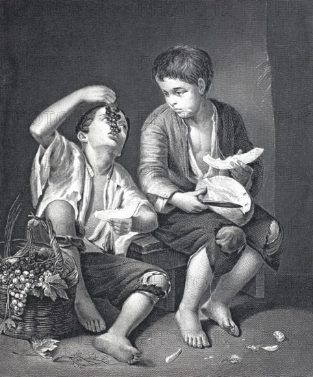 Eating boys, boys with grapes and melon, fruit, steel engraving after a painting by Bartolome Esteban Murillo, Historic, digitally restored reproduction of a 19th century original, Two boys in ragged clothes sharing grapes from a basket in a nostalgic black and white scene