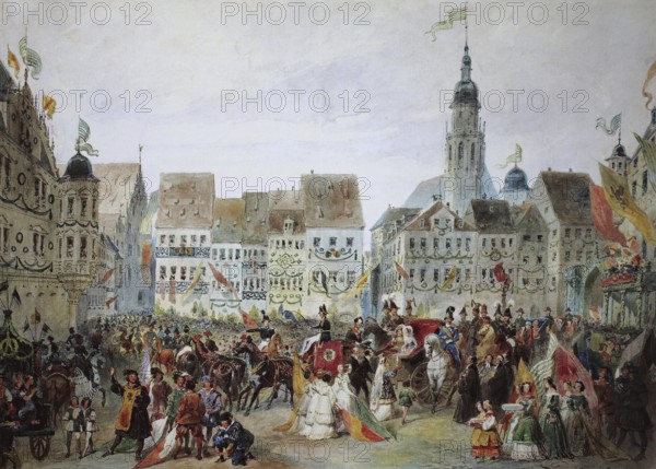 Entry of the Hereditary Prince of Saxony, Coburg and Gotha with his bride, 14 May 1842, Coburg, Upper Franconia, Bavaria, Germany, Historical, digitally restored reproduction from a 19th century original, Record date not stated