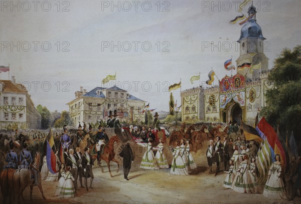 Entry of Queen Victoria, Queen of the United Kingdom of Great Britain and Ireland and Prince Albert of Saxe-Coburg and Gotha, 19 August 1845, Coburg, Upper Franconia, Bavaria, Germany, Historical, digitally restored reproduction from a 19th century original, Record date not stated