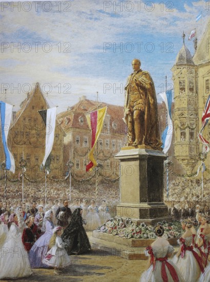 Queen Victoria laying a wreath in front of the statue of the Prince Consort, 26 August 1845, Coburg, Upper Franconia, Bavaria, Germany, Historical, digitally restored reproduction from a 19th century original, Record date not stated
