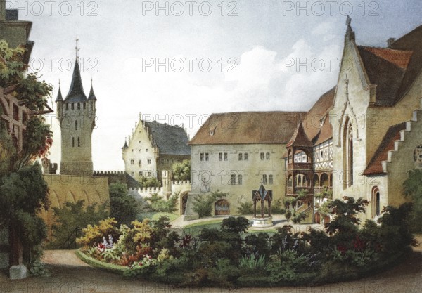 Castle courtyard of the Veste Coburg in 1864, Coburg, Upper Franconia, Bavaria, Germany, Historical, digitally restored reproduction from a 19th century original, Record date not stated