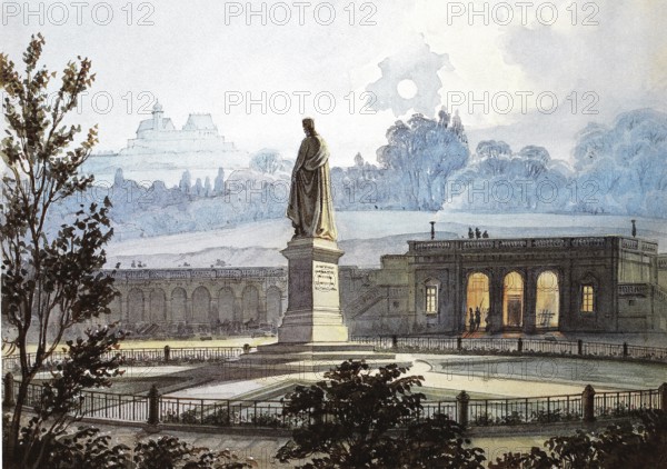 Castle square with arcades, evening, 1860, Coburg, Upper Franconia, Bavaria, Germany, Historical, digitally restored reproduction from a 19th century original, Record date not stated